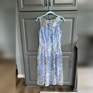 Adrianna Papell Blue and Tan Floral A-Line Midi Dress SIZE 4 💙⚜️💙Like NEW